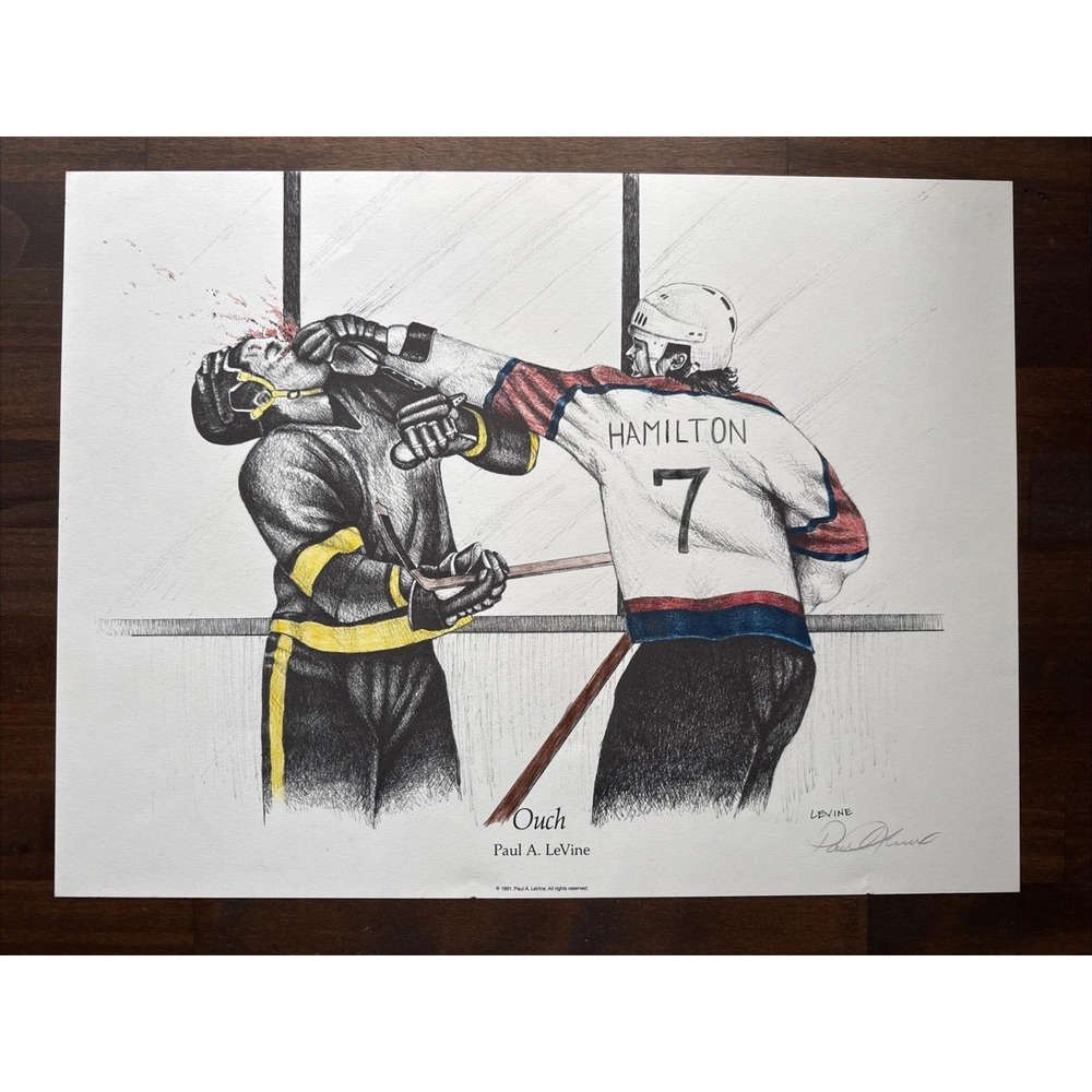 Paul A. Levine Signed Lithograph "Ouch" Hockey Art 16" X 12"